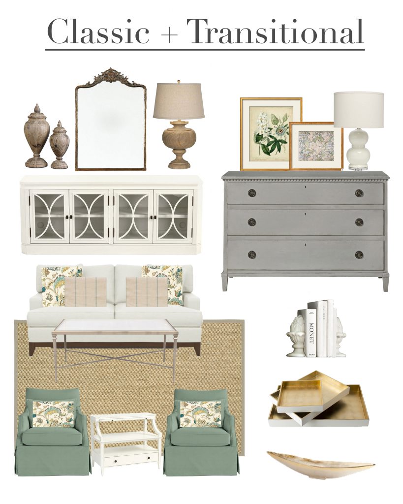 a transitional and classic living room design board